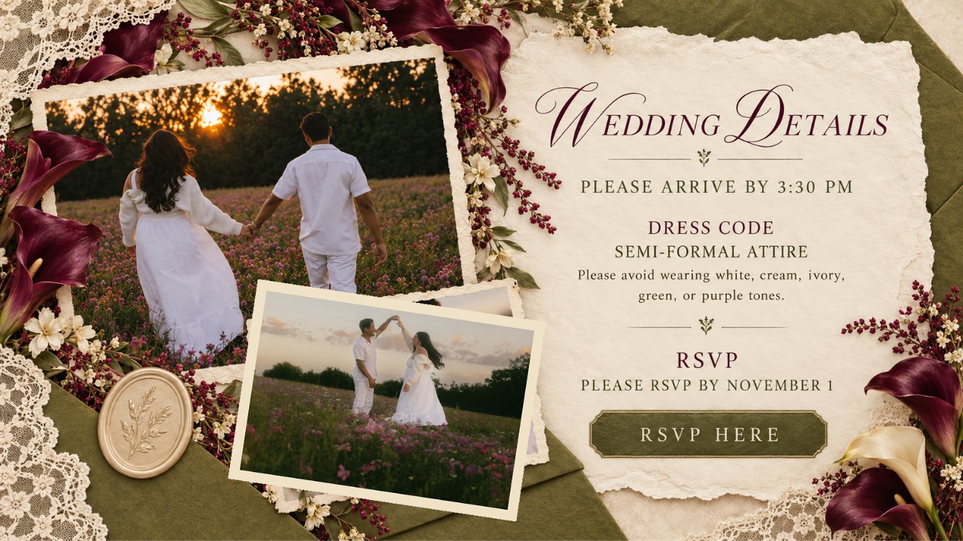 Wedding details: please arrive by 3:30 PM. Semi-formal attire; please avoid white, cream, ivory, green, or purple tones. Please RSVP by November 1.