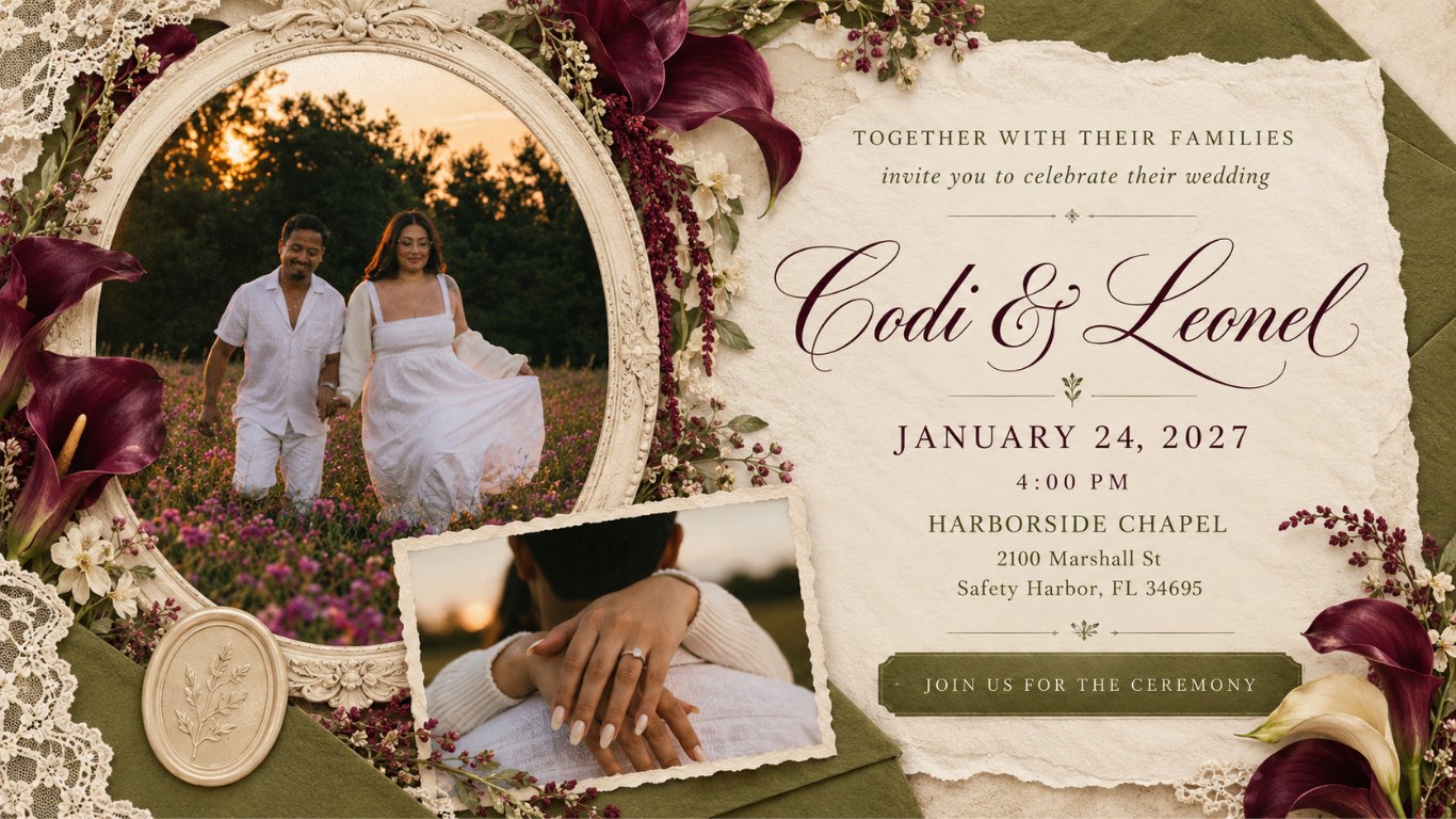 Together with their families, Codi and Leonel invite you to celebrate their wedding. January 24, 2027 at 4:00 PM, Harborside Chapel, 2100 Marshall St, Safety Harbor, FL 34695.